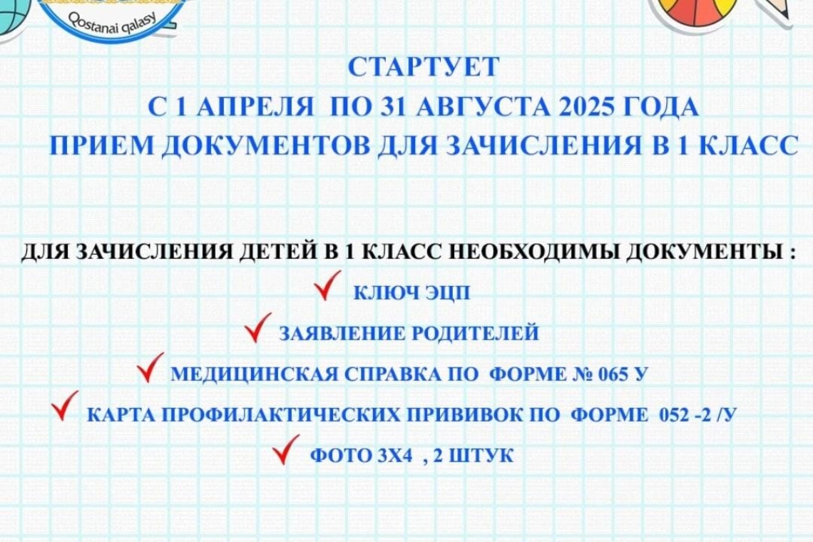 С 1 апреля по 31 августа 2025 года прием документов для зачисления в 1 класс